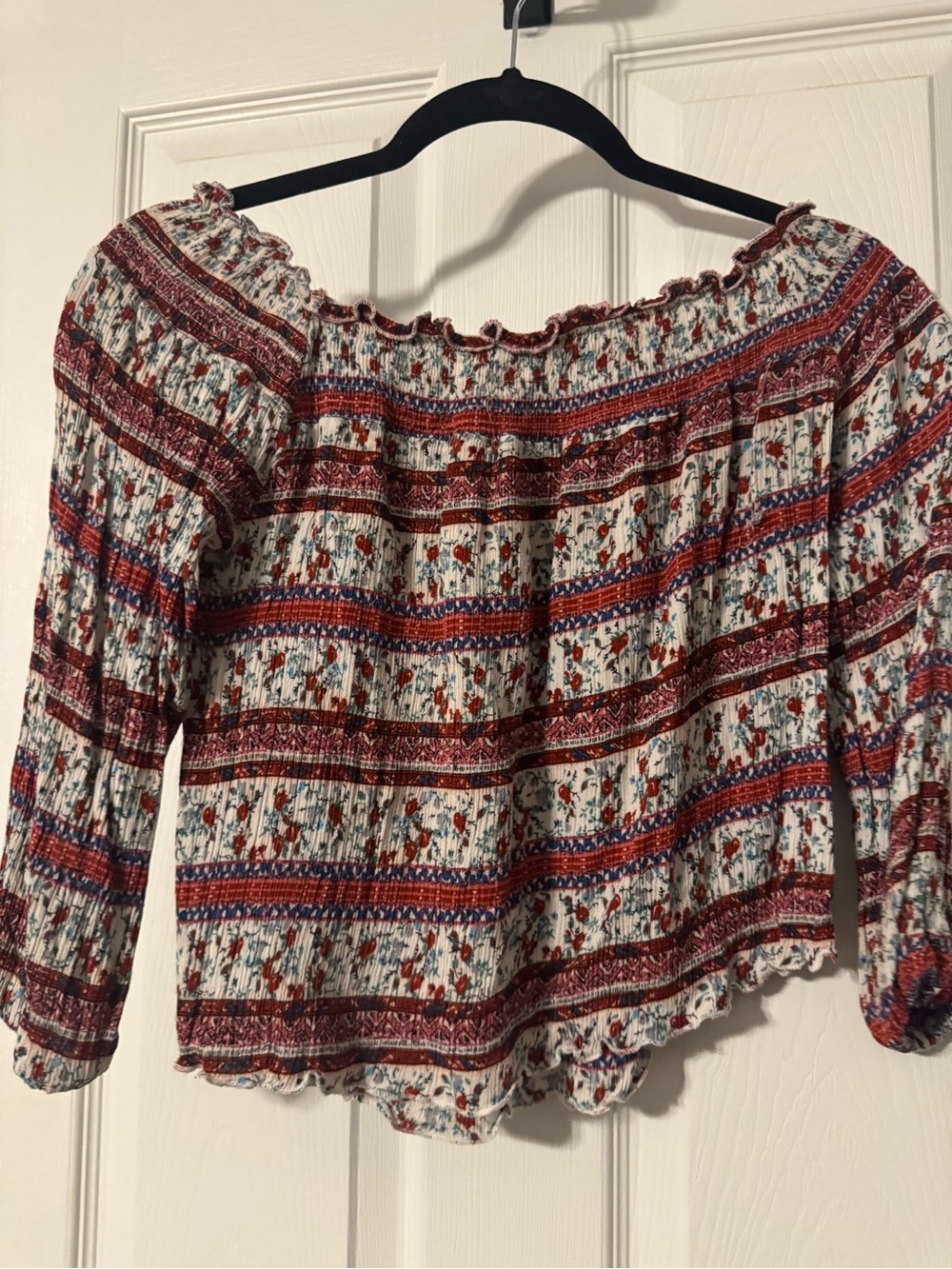 The Hanger Red and Blue Floral Stripe Off-Shoulder Top